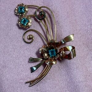 Vintage Blue Stone Floral Bow Brooch